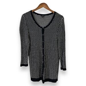 Talbots Woman Black White Dot 3/4 Sleeve Open Knit Button Front Cardigan Size 1X